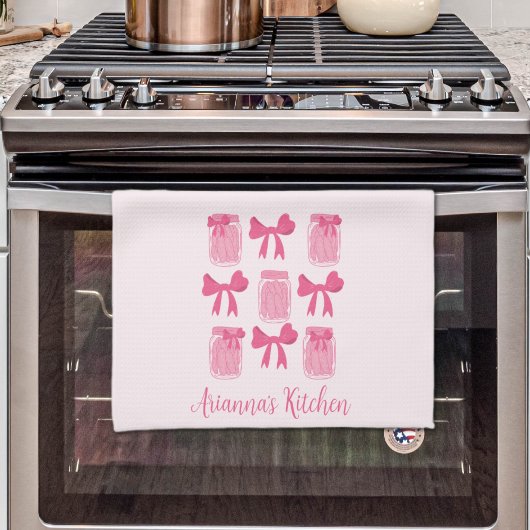 ホットピンクコケット漬け瓶とボウパーソナライズされた キッチンタオル