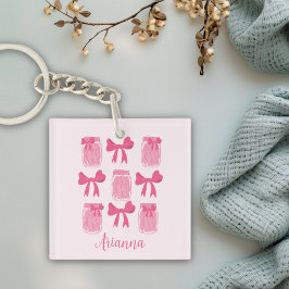 ホットピンクコケット漬け瓶とボウパーソナライズされた キーホルダー