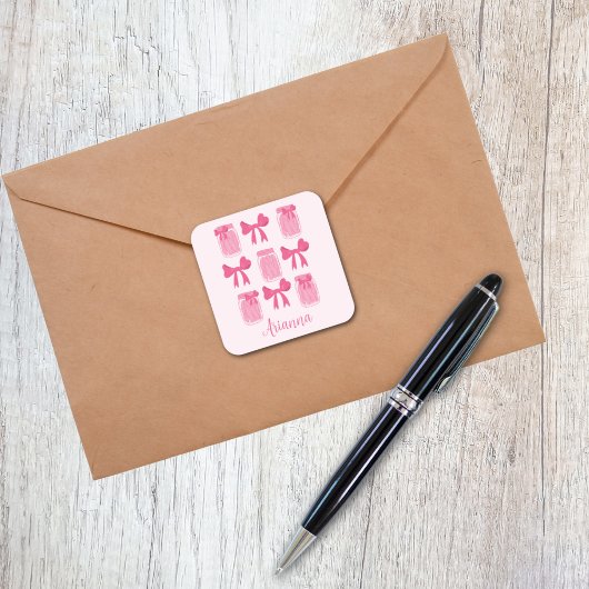 ホットピンクコケット漬け瓶とボウパーソナライズされた スクエアシール