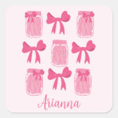 ホットピンクコケット漬け瓶とボウパーソナライズされた スクエアシール (正面)