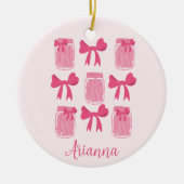 ホットピンクコケット漬け瓶とボウパーソナライズされた セラミックオーナメント (正面)