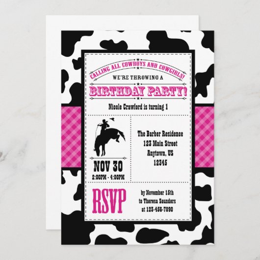 ホットピンクコーハイドカウボーイ誕生日招待状 招待状 (正面/裏面)