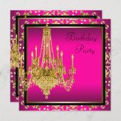 ホットピンクゴールドダマスクシャンデリアバースデーパーティー 招待状 (正面/裏面)