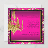 ホットピンクゴールドダマスクシャンデリアバースデーパーティー 招待状 (裏面)