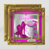 ホットピンクゴールドハイヒール靴シャンパン 招待状 (正面/裏面)