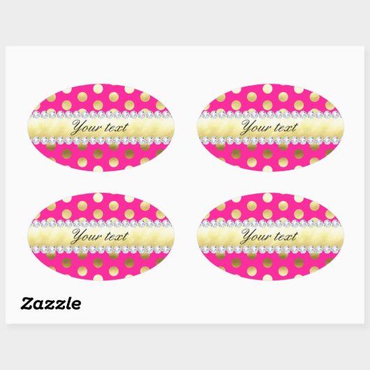 ホットピンクゴールドフォイル水玉模様ダイヤモンド 楕円形シール (シート)