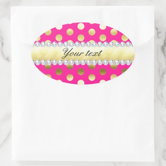 ホットピンクゴールドフォイル水玉模様ダイヤモンド 楕円形シール (バッグ)