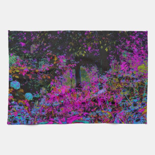 ホットピンクサイケデリックとブラックガーデンサンライズ キッチンタオル (横)