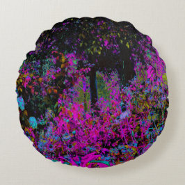 ホットピンクサイケデリックとブラックガーデンサンライズ ラウンドクッション