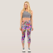 ホットピンクサイケデリックとライムグリーンガーデンフラワー カプリレギンス (正面)