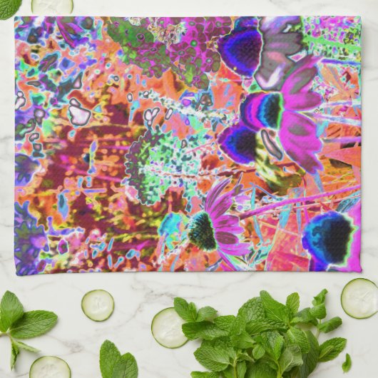 ホットピンクサイケデリックとライムグリーンガーデンフラワー キッチンタオル (折り畳み)