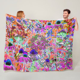 ホットピンクサイケデリックとライムグリーンガーデンフラワー フリースブランケット