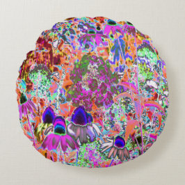 ホットピンクサイケデリックとライムグリーンガーデンフラワー ラウンドクッション