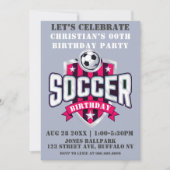 ホットピンクサッカーテーマバースデーパーティ招待状 (正面)