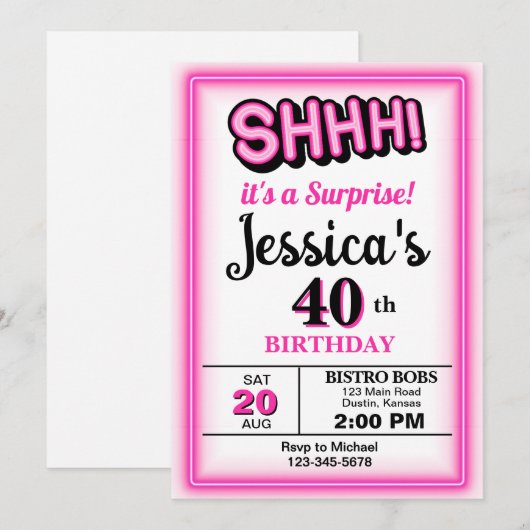 ホットピンクサプライズパーティー誕生日 招待状 (正面/裏面)