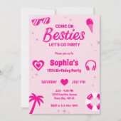 ホットピンクサマーガールバースデーパーティー 招待状 (正面)