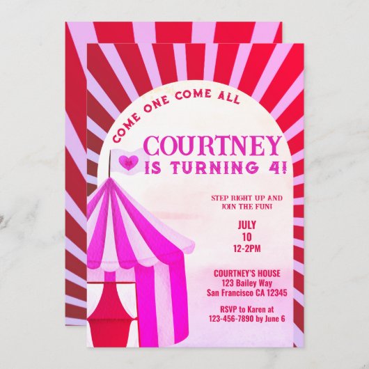 ホットピンクサーカスカーニバルフェスティバルガールズ誕生日 招待状 (正面/裏面)