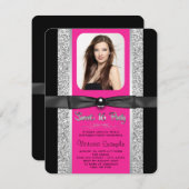 ホットピンクシルバーグリッタースウィート16パーティー 招待状 (正面/裏面)