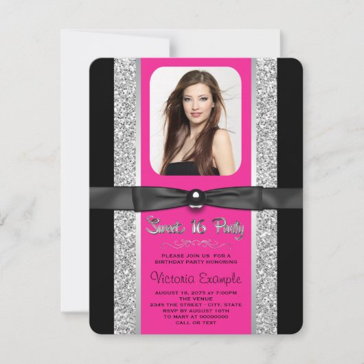 ホットピンクシルバーグリッタースウィート16パーティー 招待状 (正面)
