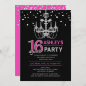 ホットピンクシルバーシャンデリアSWEET SIXTEEN16パーティー 招待状 (正面/裏面)