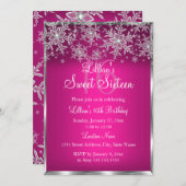 ホットピンクシルバースノーフレークスウィート16招待状 招待状 (正面/裏面)