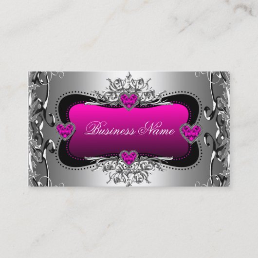 ホットピンクシルバーダイヤモンドイメージハート エレガント 名刺 (正面)