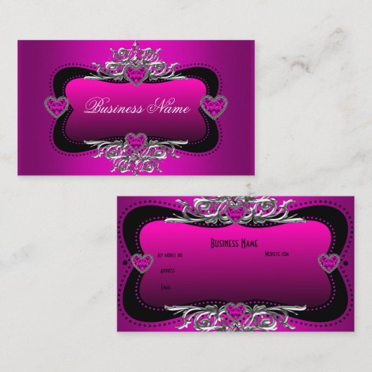 ホットピンクシルバーダイヤモンドハートエレガント事業 名刺 (正面/裏面)
