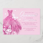 ホットピンクシルバーバタフライドレスキンセアニェラ 箔招待状 (正面)