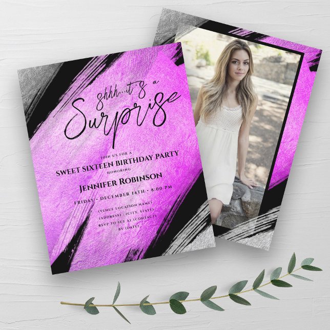 ホットピンクシルバーフォイルサプライズ甘い16招待状 (Hot Pink Silver Foil Surprise Sweet 16 Invites)