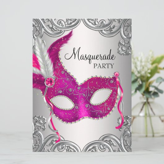 ホットピンクシルバーマスクマスカレードボールパーティー 招待状 (スタンド正面)