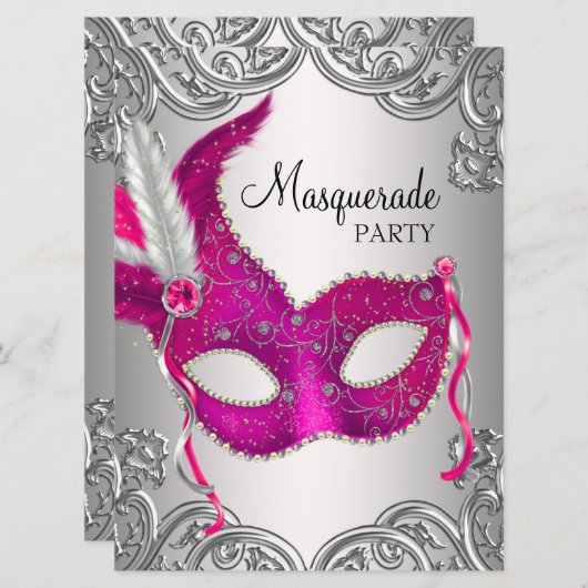 ホットピンクシルバーマスクマスカレードボールパーティー 招待状 (正面/裏面)