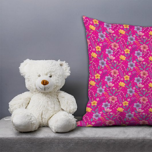 ホットピンクシンプルのワイルドフラワーパターンモノグラム クッション