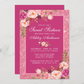 ホットピンクスイート16誕生日フローラグリッター 招待状 (正面/裏面)