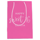 ホットピンクスウィート16ハッピーバースデー名 ミディアムペーパーバッグ (正面)