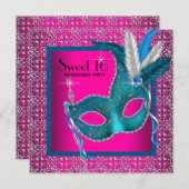 ホットピンクスウィート16マスカレードパーティー 招待状 (正面/裏面)