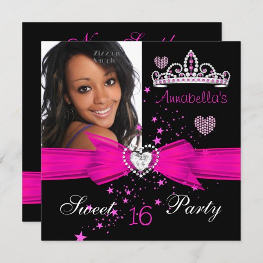 ホットピンクスウィート16誕生日ダイヤモンドティアラ写真 招待状 (正面/裏面)