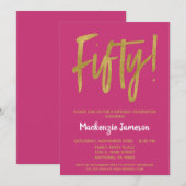 ホットピンクスクリプト50thバースデーパーティーへの招待 招待状 (正面/裏面)