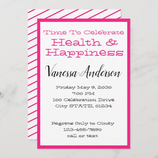 ホットピンクストライプお祝いパーティー 招待状 (正面/裏面)