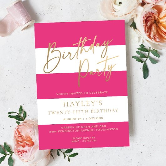 ホットピンクストライプ誕生日フォイル招待状 箔招待状