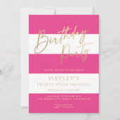 ホットピンクストライプ金ゴールド誕生日 招待状 (正面)