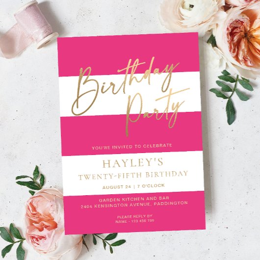 ホットピンクストライプ金ゴールド誕生日 招待状