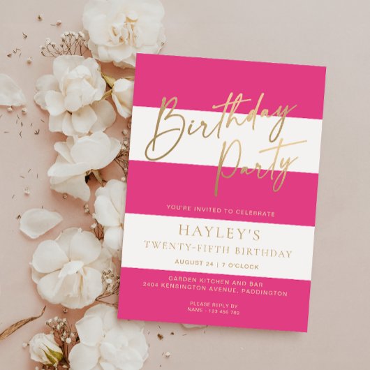 ホットピンクストライプ金ゴールド誕生日 招待状