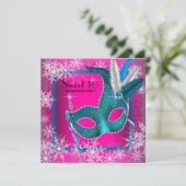 ホットピンクスノーフレークスウィート16マスカレードパーティー 招待状 (スタンド正面)