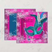 ホットピンクスノーフレークスウィート16マスカレードパーティー 招待状 (正面/裏面)