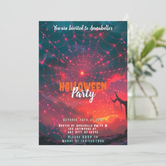 ホットピンクスパイダーウェブサンセットクリーミーハローウィンパーティ 招待状 (スタンド正面)