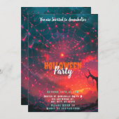 ホットピンクスパイダーウェブサンセットクリーミーハローウィンパーティ 招待状 (正面/裏面)