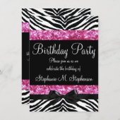ホットピンクスパークルゼブラガールズ誕生日 招待状 (正面/裏面)