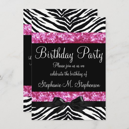 ホットピンクスパークルゼブラガールズ誕生日 招待状 (正面/裏面)