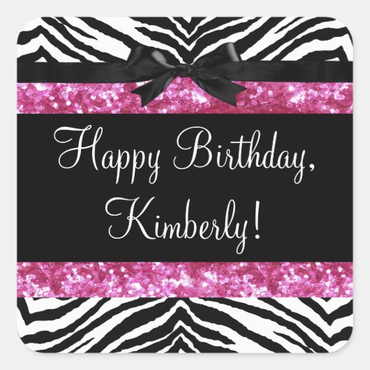ホットピンクスパークルゼブラ女の子らしい女の子ズ スクエアシール (正面)