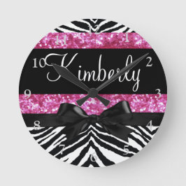 ホットピンクスパークルゼブラ女の子らしい女の子ズ ラウンド壁時計